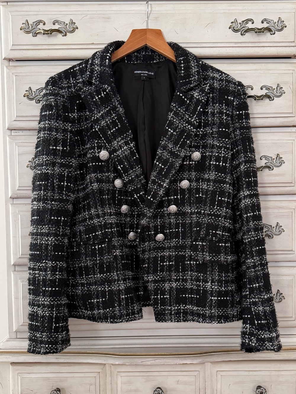Black Tweed Double Breasted Blazer